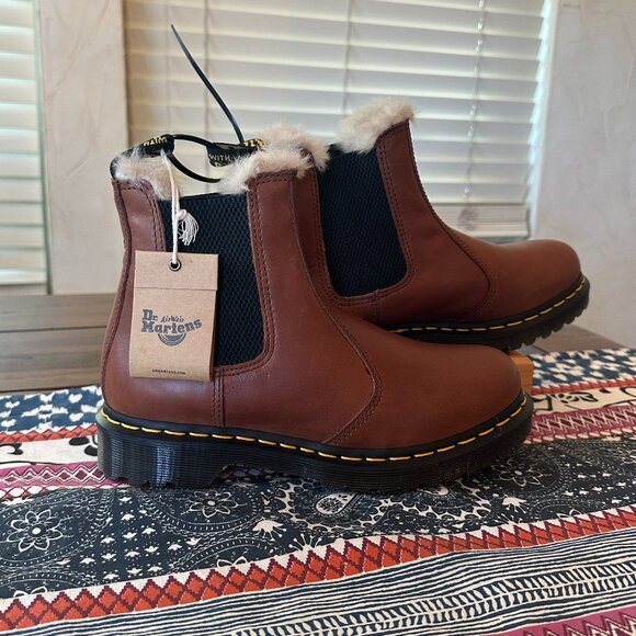 Dr Martens Leonore Chelsea Faux Fur Lined Brown Leather Boots, NWT, EU 38, 7W - Picture 1 of 6
